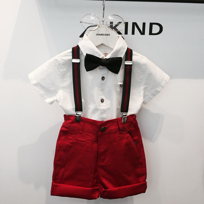 夏季男童走秀礼服套装 儿童英伦风红色背带裤短袖衬衫演出服花童