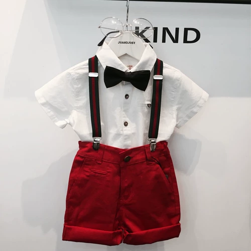 Детский летний комплект для мальчиков, красный комбинезон, рубашка, костюм, платье девочки цветочницы, для подиума, в британском стиле