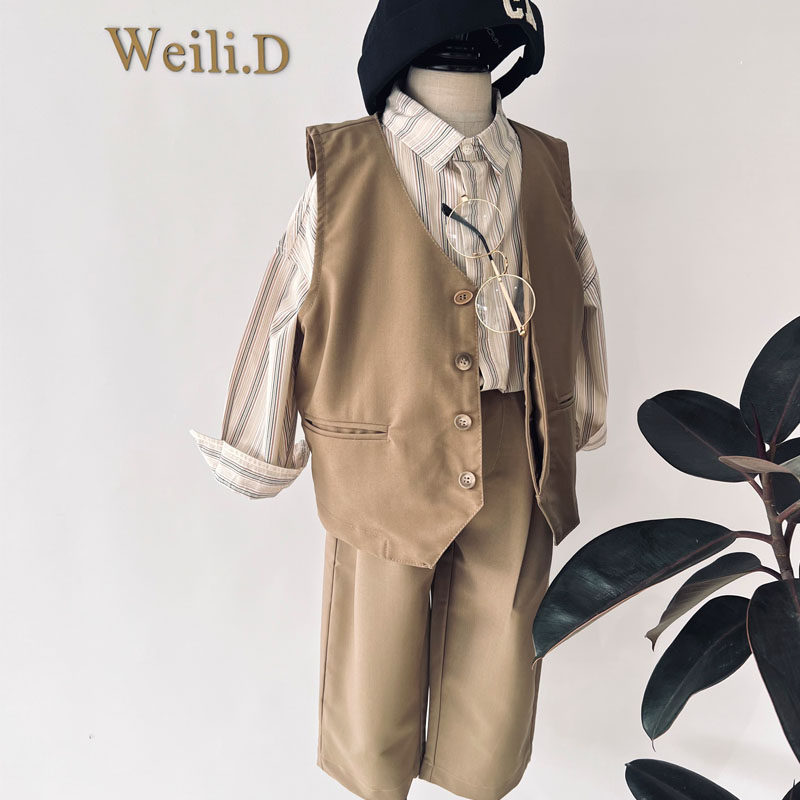 男童长袖衬衫礼服套装 小西装马甲条纹长袖走秀演出服摄影英伦风