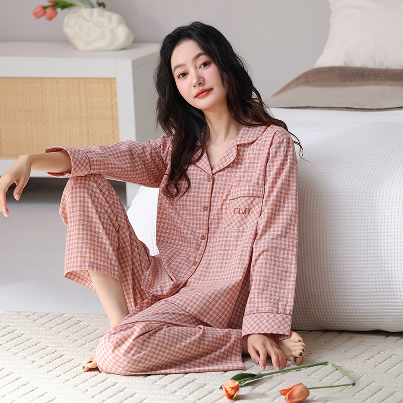 梭织纯棉纱布睡衣女士长袖长裤全棉春秋款大码开衫家居服套装秋天