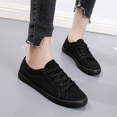 薄底女小黑单鞋 全黑色显瘦百搭纯黑色透气平底工作鞋 女韩版 帆布鞋