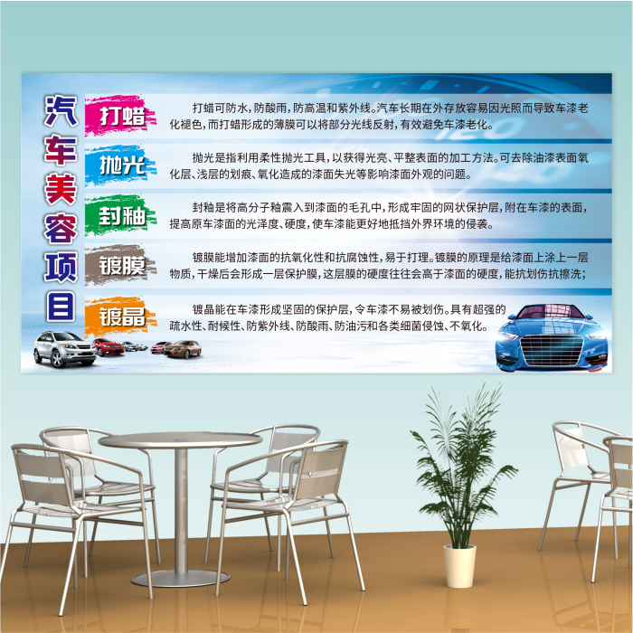 汽车美容维修项目打蜡抛光封釉镀膜镀晶广告背胶宣传防水装饰画