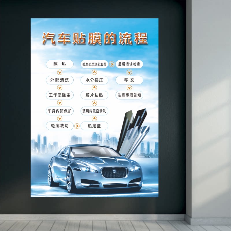 车辆玻璃贴膜的操作流程图汽车美容广告宣传防水装饰海报背胶画