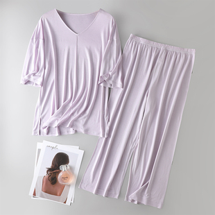 睡衣七分睡裤 100%桑蚕丝家居服女针织真丝舒适透气宽松居家五分袖