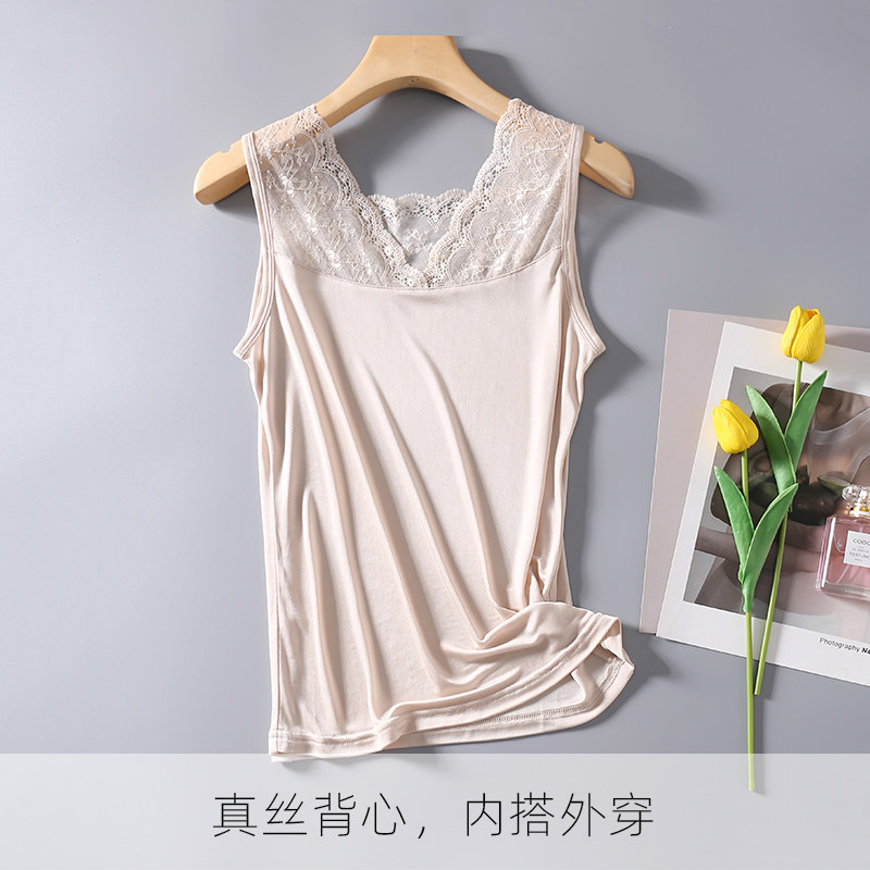 봄과 여름 얇은 실크 여성용 통기성 조끼 레이스 스티치 뽕나무 실크베이스 단순 다용도 루즈 탑