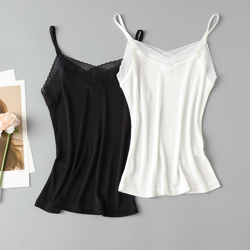 실크 서스펜더 짧은 느슨한 솔리드 컬러 바닥 조끼 여성용 뽕나무 실크 메쉬 통기성 레이스 V 넥 작은 서스펜더