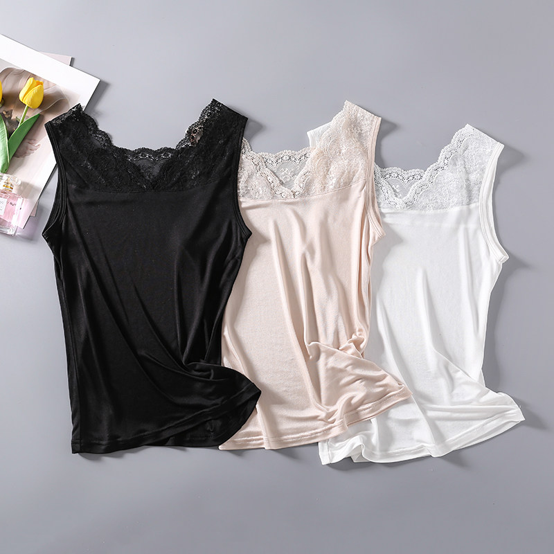 봄과 여름 얇은 실크 여성용 통기성 조끼 레이스 스티치 뽕나무 실크베이스 단순 다용도 루즈 탑