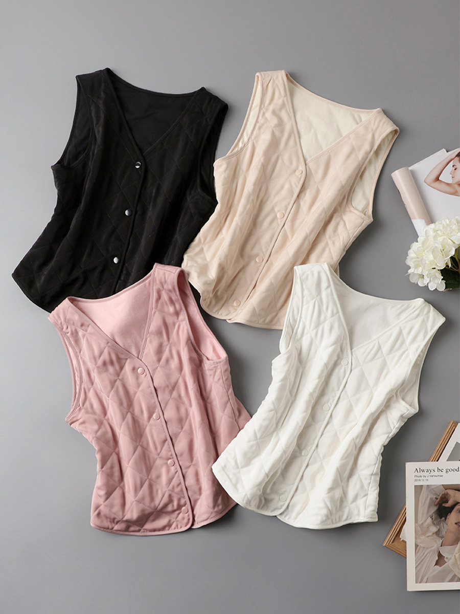 가을 겨울 새로운 스타일의 뽕나무 실크 여성 따뜻한 조끼 실크 코튼 민소매 V 넥 방풍 및 방한 기본 속옷