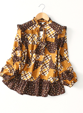 外贸出口 复古文艺小香风 减龄碎花格子拼接系带荷叶边纯棉衬衫女