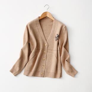 女秋冬加厚毛衣外套 卡通图案宽松V领口袋针织开衫 柜单 软糯细腻