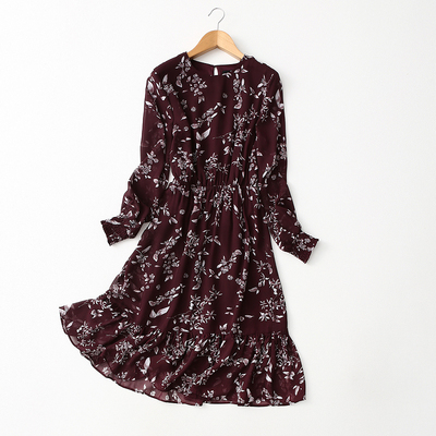 外贸原单荷叶边雪纺印花连衣裙