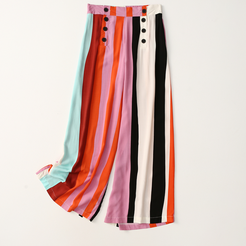 外贸彩色竖条纹棉绸休闲裤阔腿裤