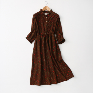 砖柜 日单文艺蕾丝勾花拼接棉麻长裙碎花亚麻连衣裙 花瓣立领