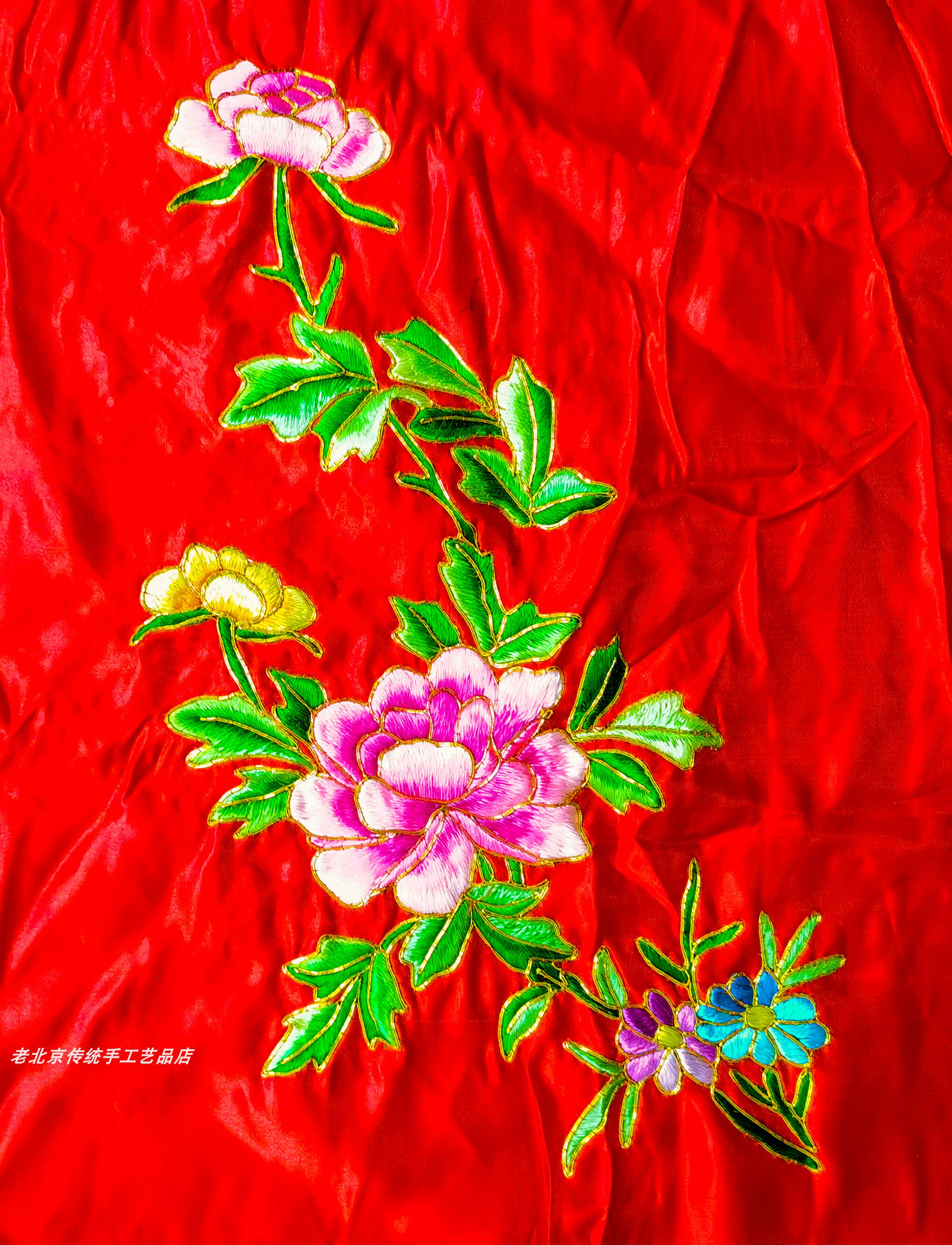 富贵牡丹图盘金衣服布料装饰画京绣手工绣品老绣片纯手工刺绣绣花