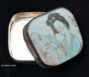 老瓷片盒银锭盒元宝盒胭脂盒首饰盒手工錾刻德银仕女图手工艺老货