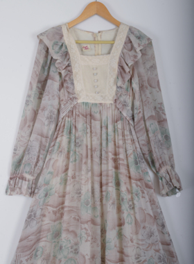 Candi Jones 1970s浪漫水墨画maxi dress蕾丝领草原风格古董裙