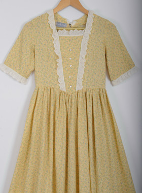 70sprairie dress  干净元气 简约鹅黄色花柄 少女花边连身裙