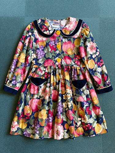 超可爱双层翻领｜ 水果花柄印花棉布裙 儿童size7 vintage dress