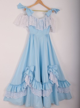 仙女水蓝色蝴蝶结缎带 帐幔裙摆蕾丝 蝴蝶的肩膀7 美国制礼服长裙