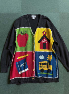 old school 文具学院图案拼接 Handknit棉麻外套 宽松大size