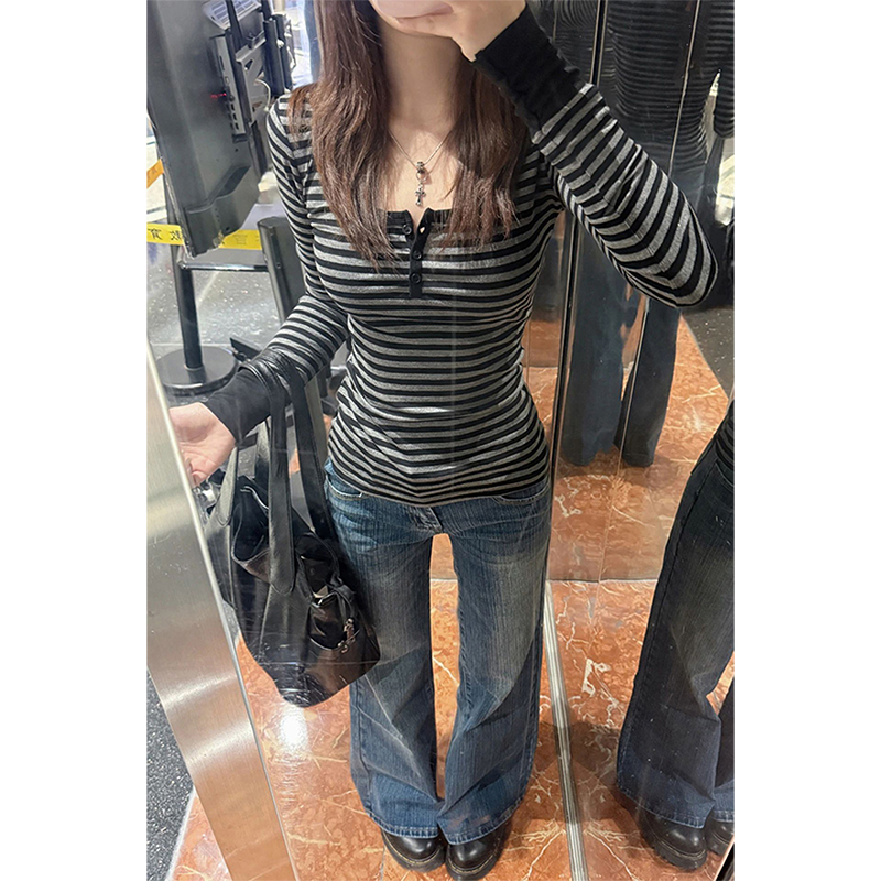 美式辣妹方领撞色条纹长袖t恤女