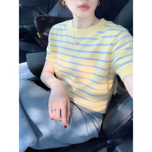 高智感撞色条纹圆领短袖 女2026新款 夏季 宽松显瘦巨好看上衣 针织衫