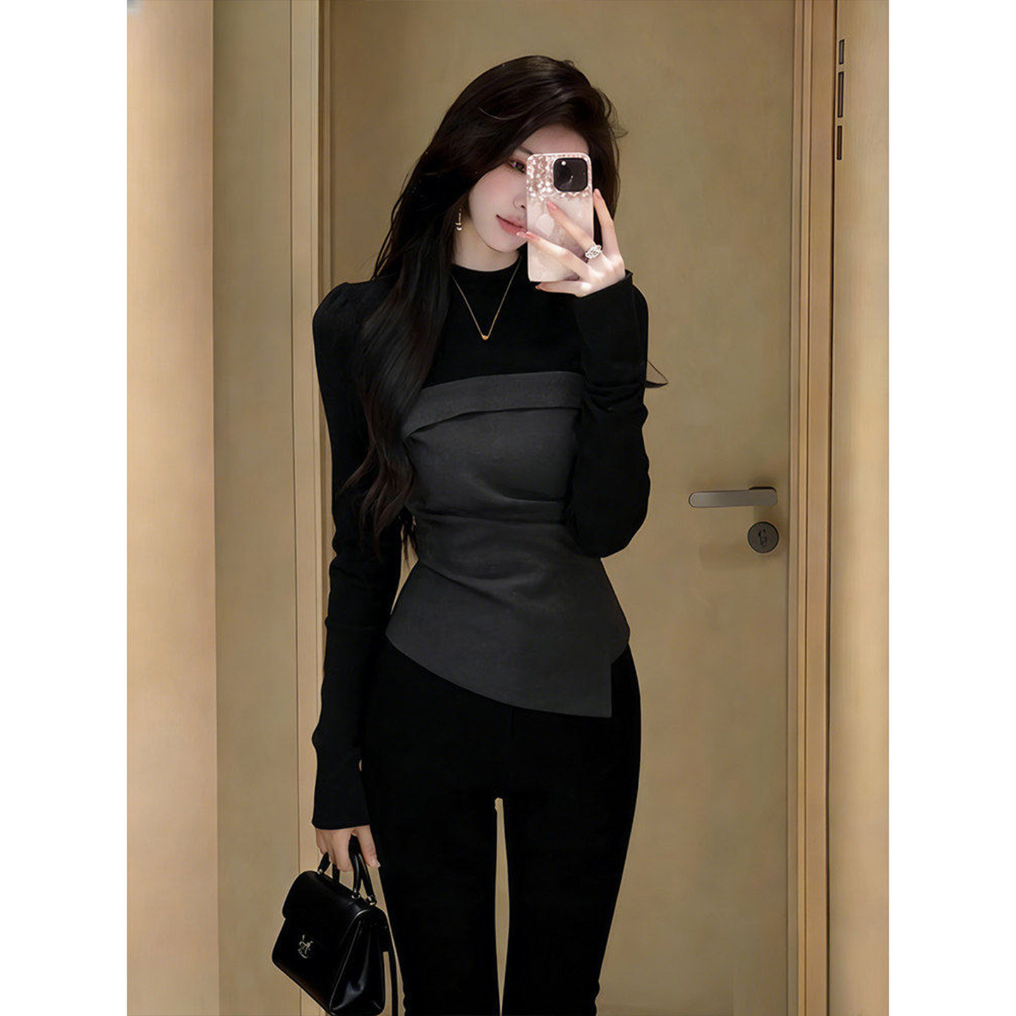 韩系气质撞色不规则假两件长袖t恤女春季设计感收腰显瘦辣妹上衣,女装/女士精品,T恤,淘宝优惠券,粉丝福利购,淘宝优惠卷