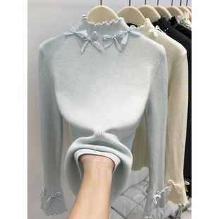 韩系温柔木耳边半高领蝴蝶结针织衫女春季修身显瘦独特漂亮上衣服