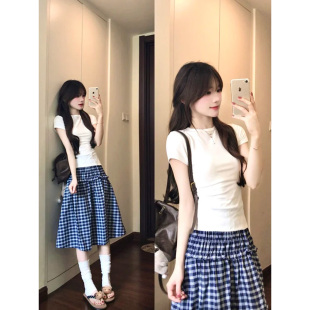 修身 短款 显瘦小众简约上衣 t恤女小个子夏季 辣妹基础圆领正肩短袖