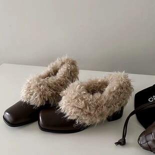 牛皮版~复古方头毛毛鞋加绒单鞋女2025秋冬季粗跟棉鞋高跟小皮鞋