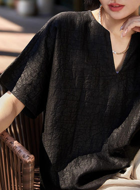 非遗莨绸香云纱 真丝龟裂纹 桑蚕丝短袖V领上衣 黑色T恤夏季女装