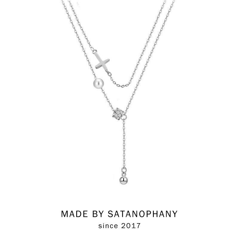 双层叠戴十字架小蛮腰女项链纯银