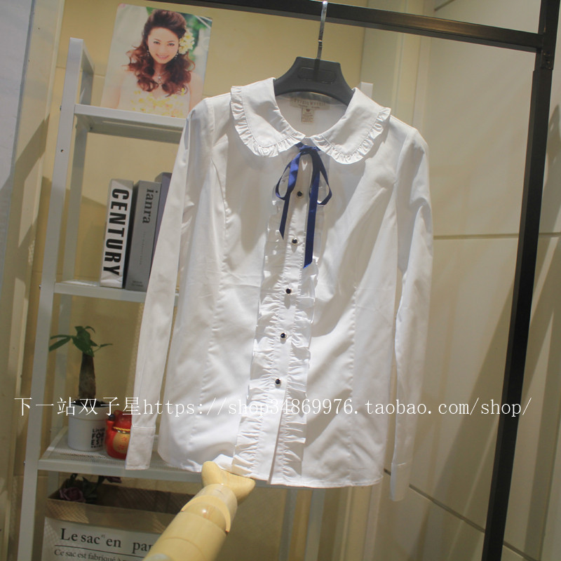 包邮 春装新品 韩版小熊木耳花边领修身长袖全棉百搭衬衫衬衣女