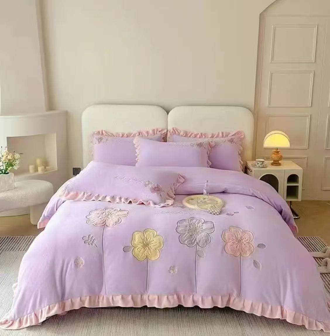 加厚保暖牛奶绒韩版花边贴布绣四件套小清新卡通床上用品冬