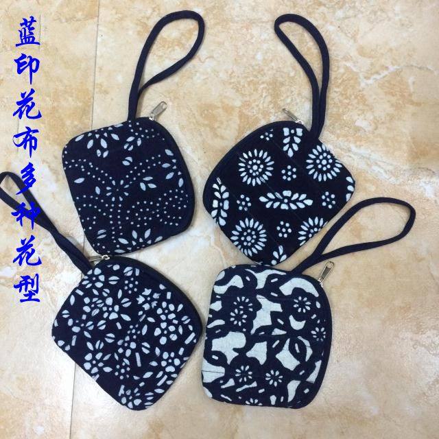 乌镇蓝印花布零钱包纯棉加棉贝壳小钱包手挎小拎包钥匙小包民族风