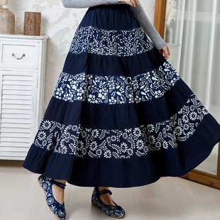 原创民族风乌镇蓝印花布半身裙印花拼接长裙松紧腰大摆裙布艺裙