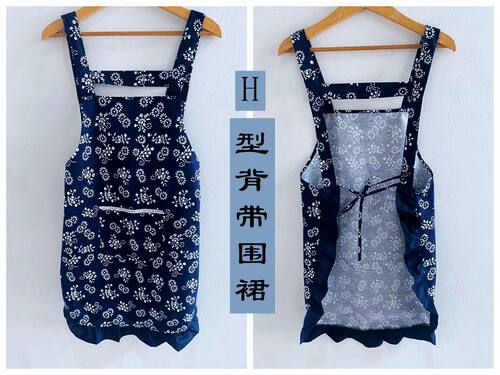 蓝印花纯棉背带家用工作服围裙
