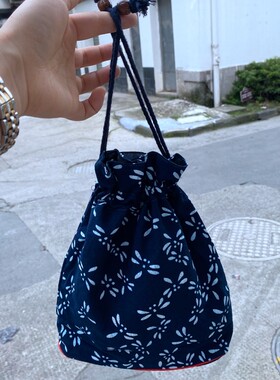 蓝印花抽带束口布袋手提包收纳包