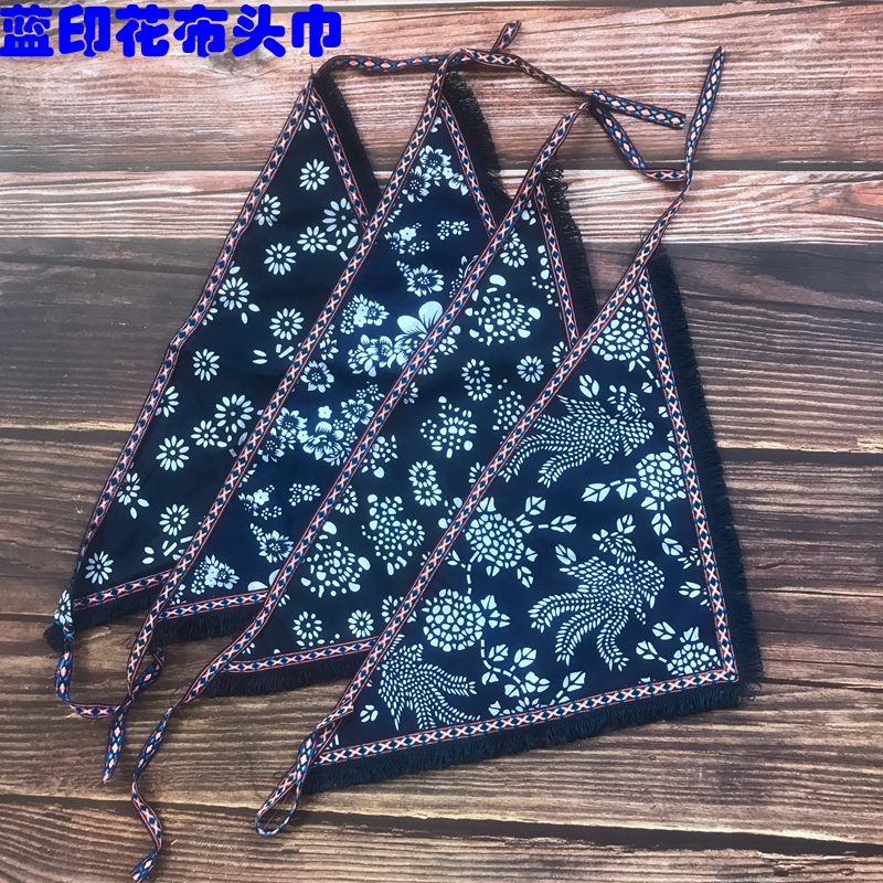 儿童蓝花布三角头巾民族风农家乐头饰幼儿园舞蹈表演采茶女包头巾