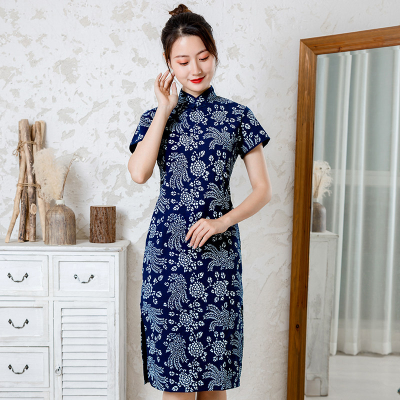 乌镇蓝印花布短袖旗袍复古斜襟民族风纯棉中长款旗袍春夏盘扣女装
