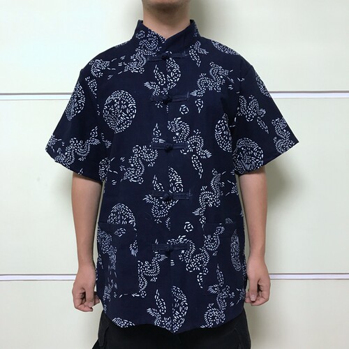乌镇特色印花布男式短袖纯棉唐装