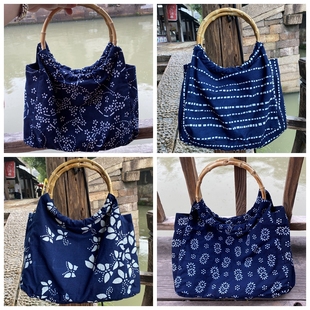 乌镇蜡染蓝印花布竹环包复古民族风单肩手提包原创布艺女包布袋