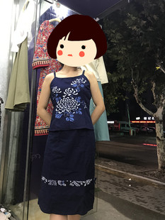乌镇纯棉蓝印花布吊带上衣裙子套装民族风演出服农家乐餐厅工作服