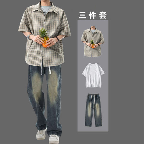 fromwrting 日系复古格子短袖衬衫男士夏季套装青少年痞帅牛仔裤