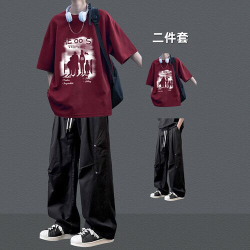 fromwrting 潮流美式短袖T恤套装男夏季青少年学生酷帅宽松工装裤