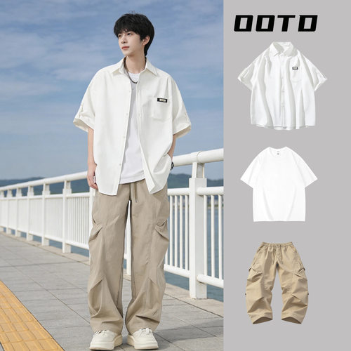 fromwrting 夏季青少年日系薄款短袖衬衫休闲工装裤套装男生阳光