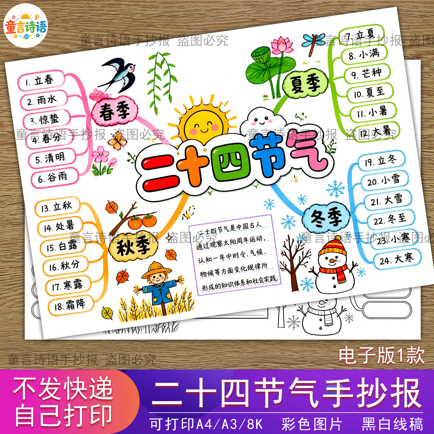S50二十四节气手抄报模版电子版春夏秋冬四季24节气小报打印线稿