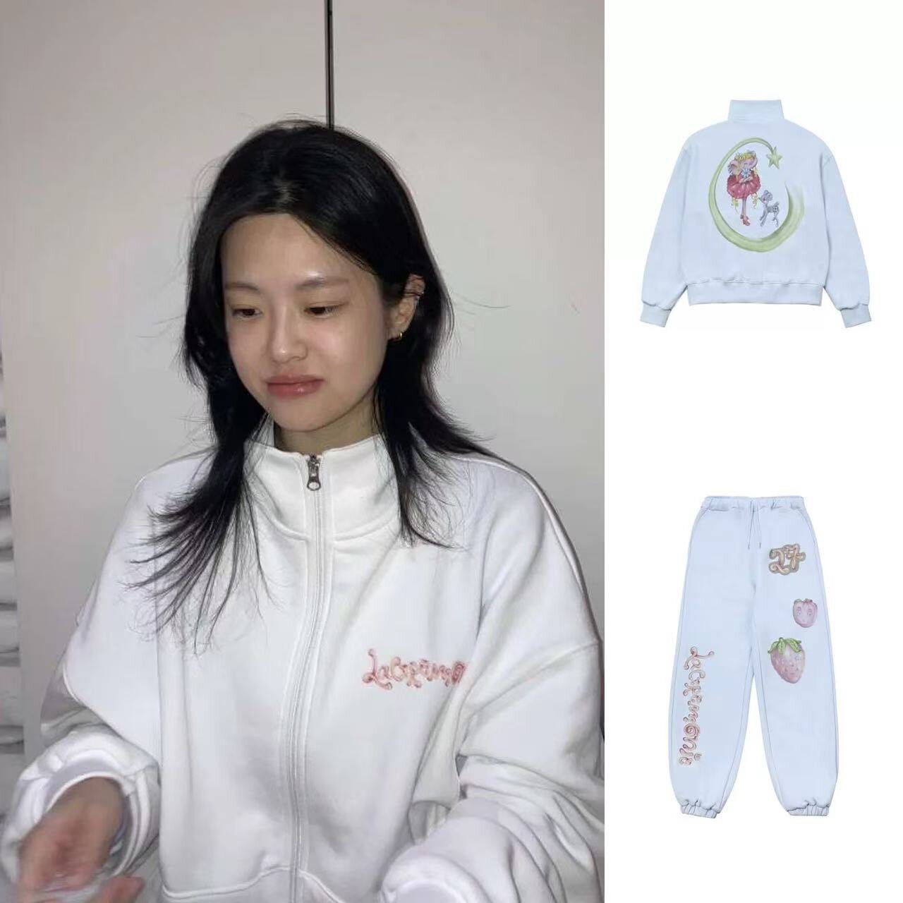 jennie宁艺卓金冬天同款laceremonie韩草莓印花拉链卫衣卫裤套装