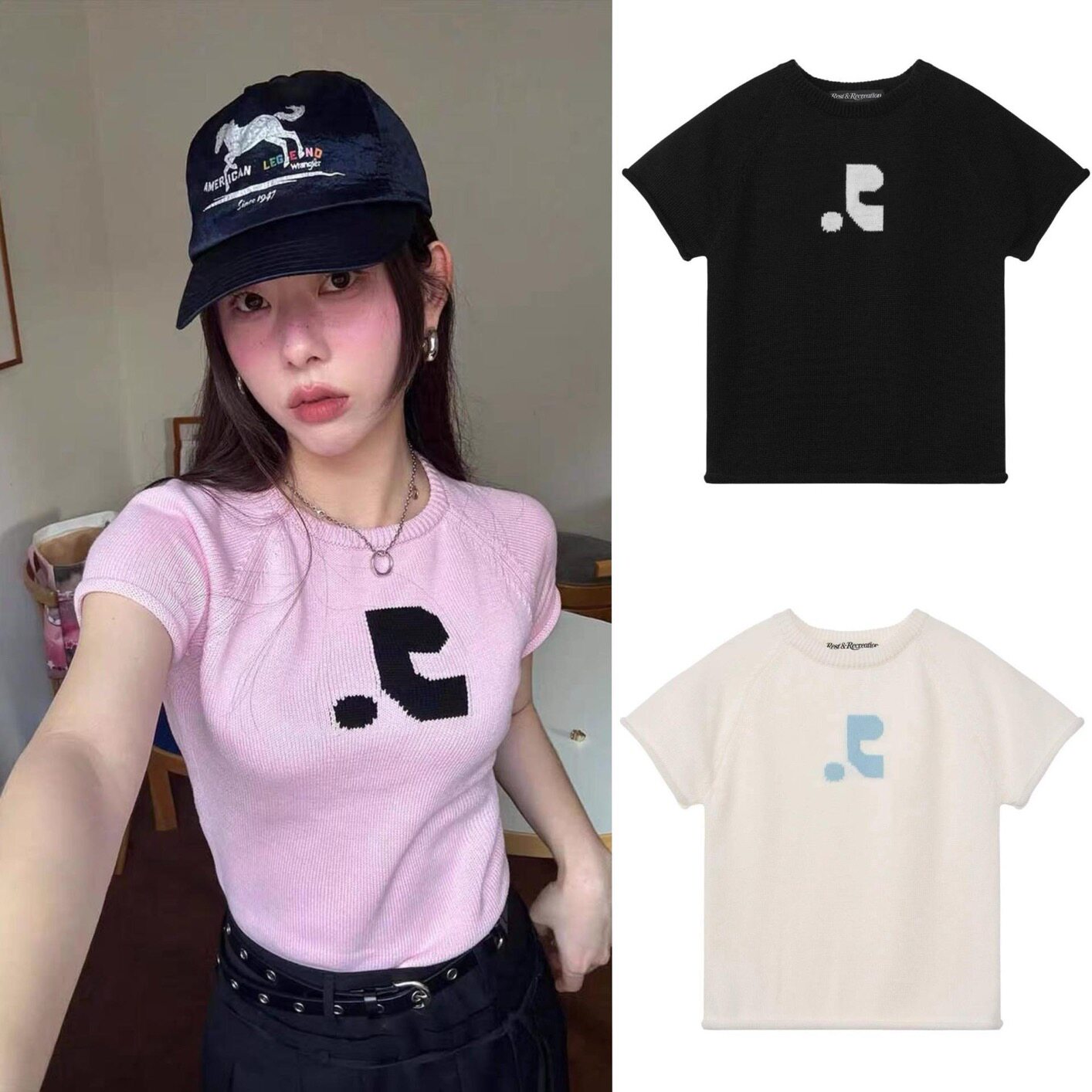 RR韩系潮牌提花卷边短袖针织衫女显瘦短款T恤夏ins风