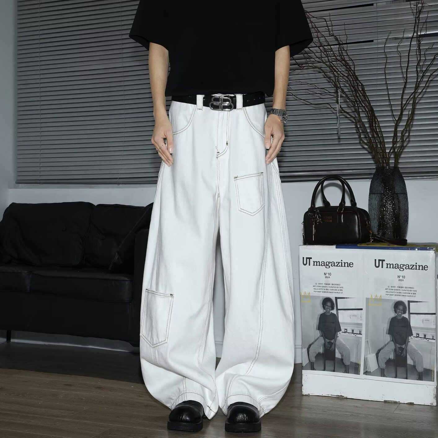 In Gemini Code美式高街白色弯刀牛仔裤男女款潮牌高级感宽松长裤